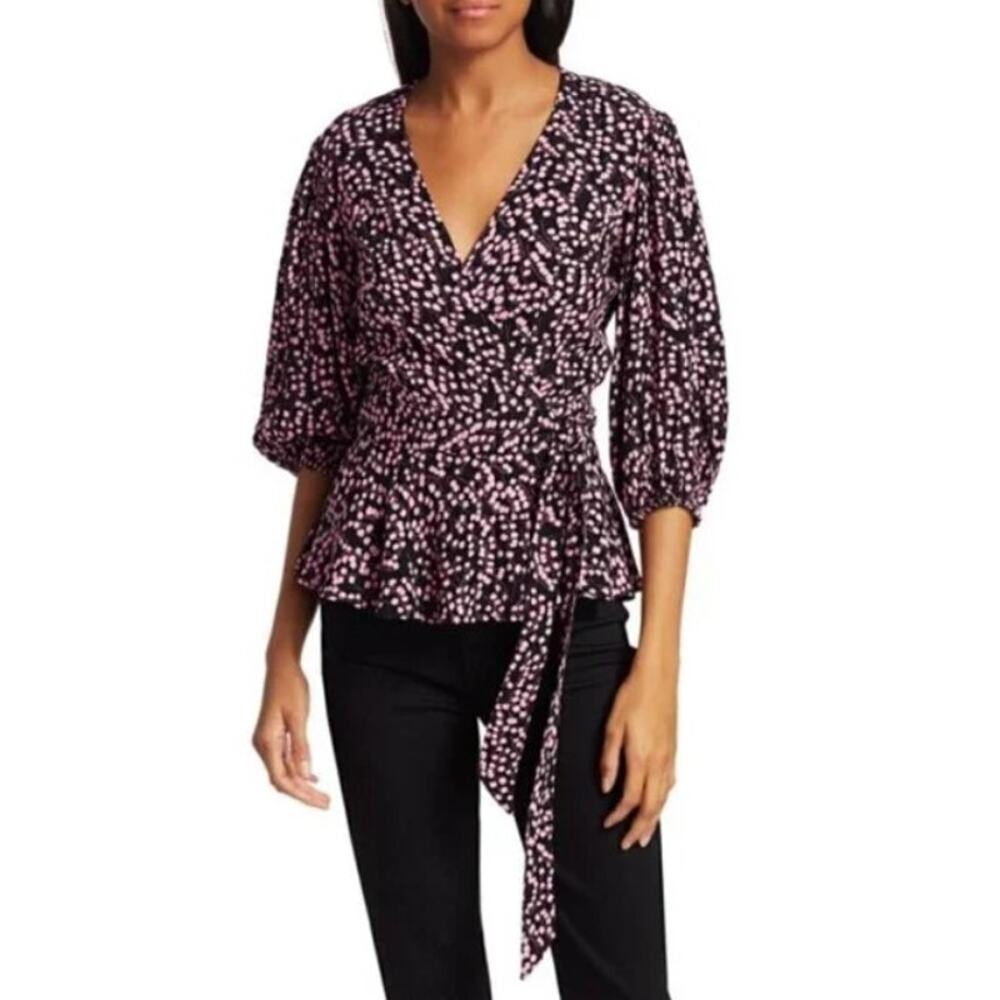GANNI new black pink vneck floral girlie puff 3/4 sleeve wrap viscose blouse top